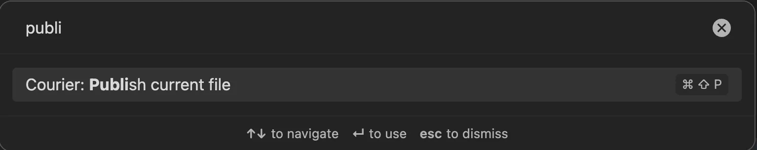 Courier's Publish current file command in Obsidian's command palette