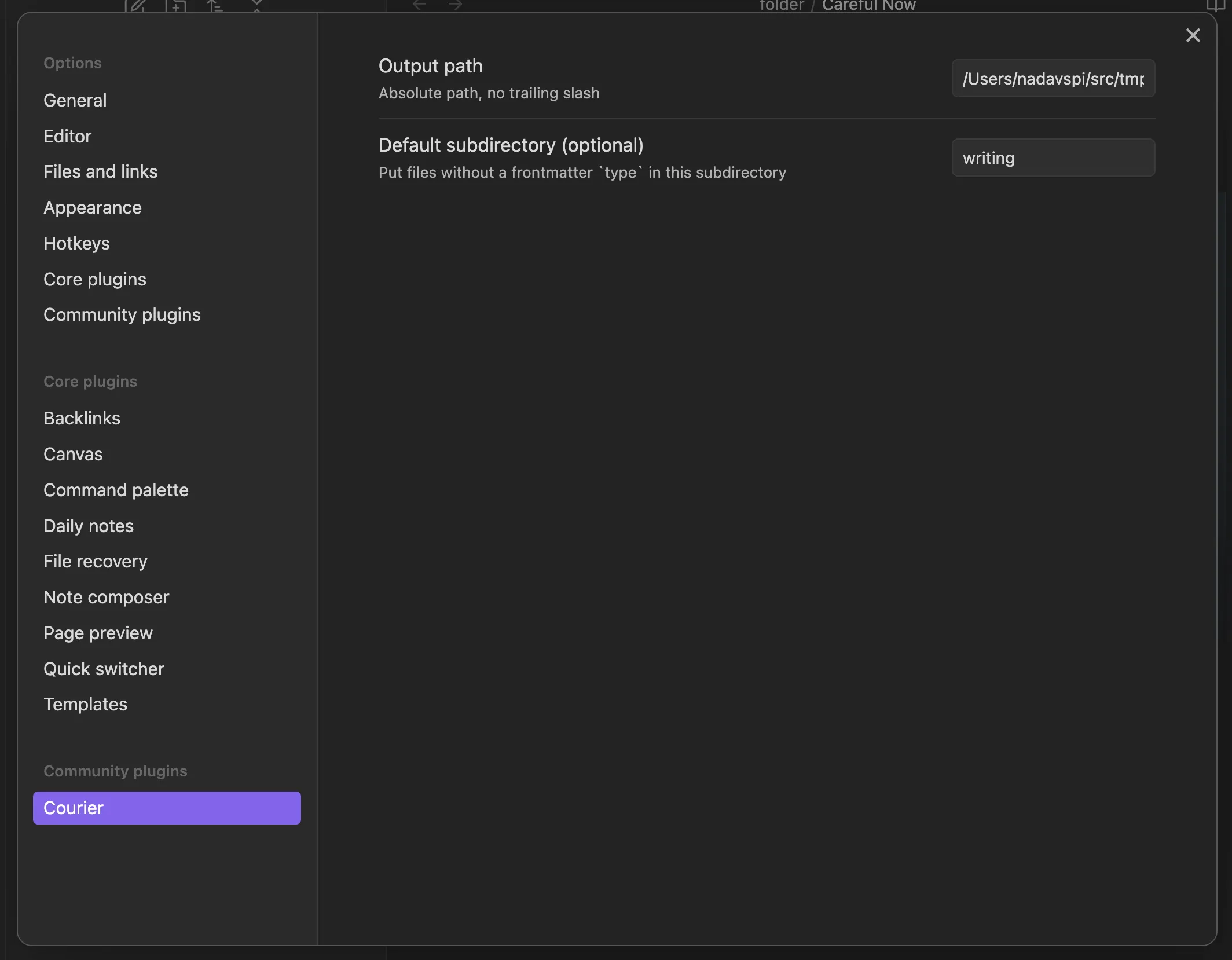 Plugin settings for output path and default subdirectory for files without a frontmatter type